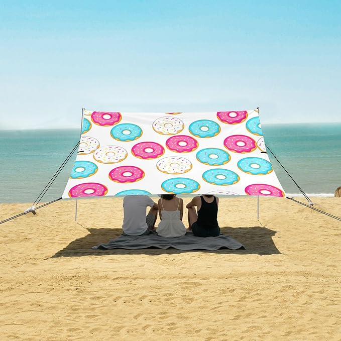 xigua Donuts Beach Tent Sun Shelter with Carrying Bag - Silver Coated Oxford Fabric Beach Canopy for Beach Camping Fishing - Includes Windproof Ropes Sandbags &amp Stakes