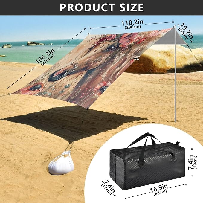 ALAZA Fashion Boho Chick Style Horse with Flowers Beach Tent Sun Shelter Portable Canopy Sunshade for Outdoor Camping Picnics Backyard Fun 10x9 ft