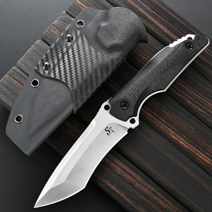 Sitivien ST32 Fixed Blade Knife AUS-10 Steel Ergonomic Carbon Fiber Handle Full Tang Knife for Outdoor Working Camping Hunting Fishing(Silver)