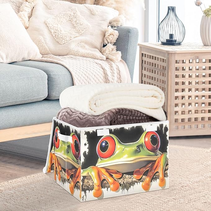 Storage Cube with Lid Curious Frog Print 16.5×12.6×11.8 IN 1 Pack Collapsible Large Capacity Foldable Storage Basket Bin Organizer