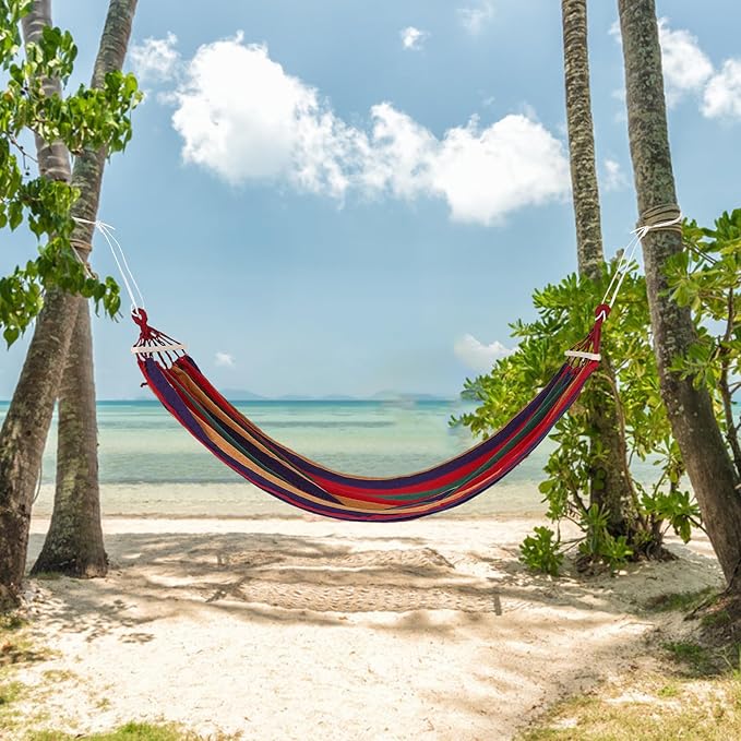 UKCOCO Heavy Duty Camping Hammock 200x80cm Thick Canvas Outdoor Tree Hanging Bed with Anti-tip Design Striped Pattern Single Hammock for Outdoor Rest and Travel
