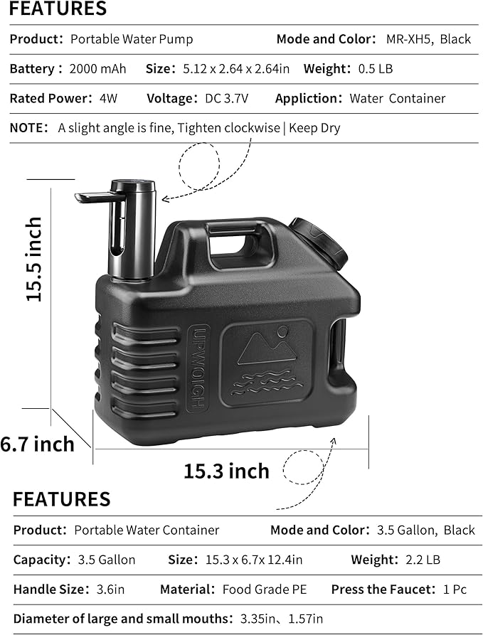 UPWOIGH 3.5 Gallon Portable Water Jug in Black with Screw-Lock Leakproof Touch Pump Nature-Inspired Carved Container with Spigot Type-C Rechargeable Outdoor Water Tank for Camping Hiking
