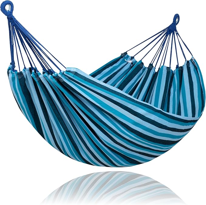 SUNCREAT Hammocks Outdoor Camping Double Hammock Extra Large 2 Person Hammock for Camping Blue Stripes