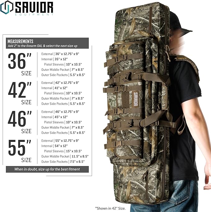 Savior Equipment American Classic Tactical Double Long Gun Bag Pistol Transportation Case w/Backpack Strap Lockable Compartment Available Length in 32 36 42 46 51 55