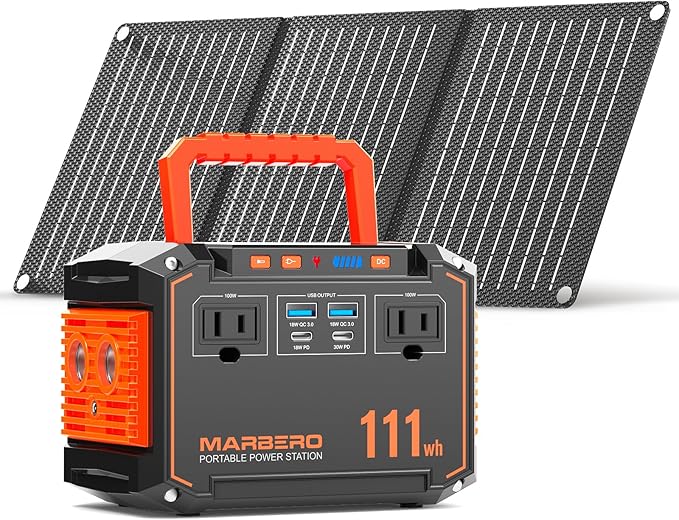 MARBERO 150W Peak Solar Generator with 30W Solar Panel 111Wh Camping Portable Power Station 110V Power Bank with AC Outlet(2*USB A 2*USB C 2*AC) for Outdoor Travel Home Blackout Emergency Hurricane
