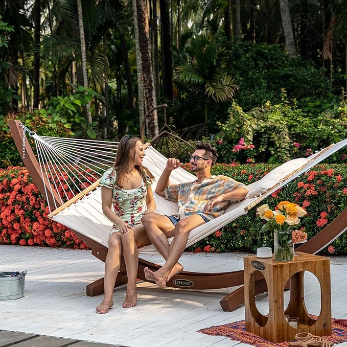 Lazy Daze Hammocks 12 FT Double Quilted Fabric Hammock with Spreader Bar and Detachable Pillow 2 Person Hammock for Outdoor Patio Backyard Poolside 450lbs Weight Capacity Natural