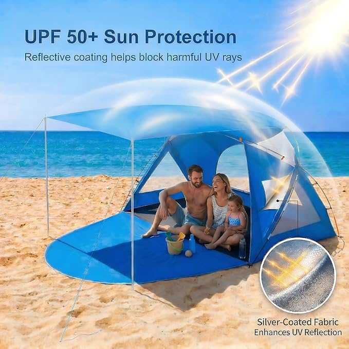 Beach Tent Portable Sun Shelter for 2/3/4/6-8 Person with UPF 50+ UV Protection Easy Setup Waterproof Beach Shade Canopy Cabana for Family Outdoor and Picnics Fishing with Carrying Bag