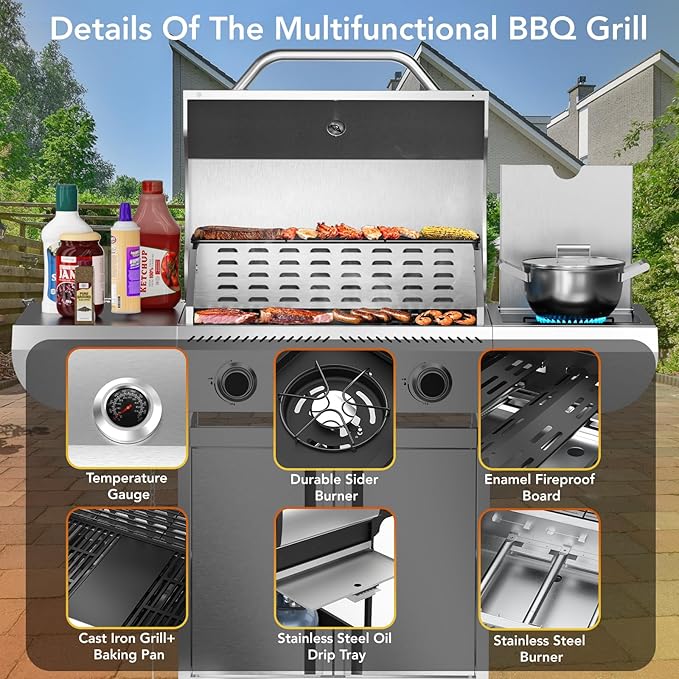 Electactic G41 Pro BBQ GrillHeavy-Duty Stainless Steel Gas Grill 4 Burner Gas Grill with Side Burner42000 BTU Propane Grill for Outdoor CookingBarbecueGarden and Patio Backyard
