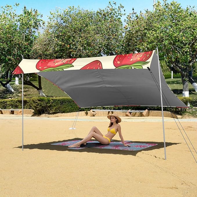 ALAZA Strawberry Seamless on Yellow Beach Tent Sun Shelter Portable Canopy Sunshade for Outdoor Camping Picnics Backyard Fun 10x9 ft