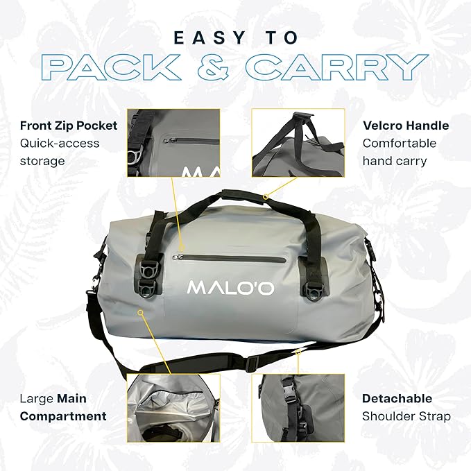 Malo’o Waterproof Dry Duffel Heavy-Duty Roll Top Waterproof Gear Bag with Shoulder Strap &amp Molle Loops Marine Duffel for Kayaking Boating Camping Beach &amp Travel Grey 60L
