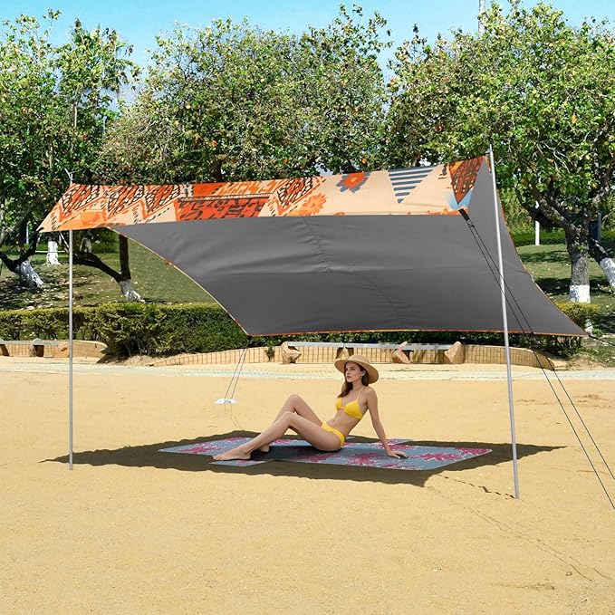 xigua Boho Tribal Aztec Beach Tent Sun Shelter with Carrying Bag - Silver Coated Oxford Fabric Beach Canopy for Beach Camping Fishing - Includes Windproof Ropes Sandbags &amp Stakes