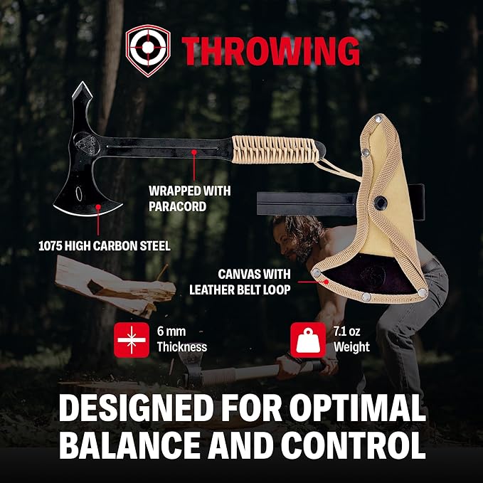 Condor Tool &amp Knife Throwing Axe Single Bit | Solid Hatchet with Canvas with Leather Belt Loop Sheath | 1075 High Carbon Steel Tomahawk with a Steel Handle Wrapped in Paracord | 6.9in Blade | 21.2