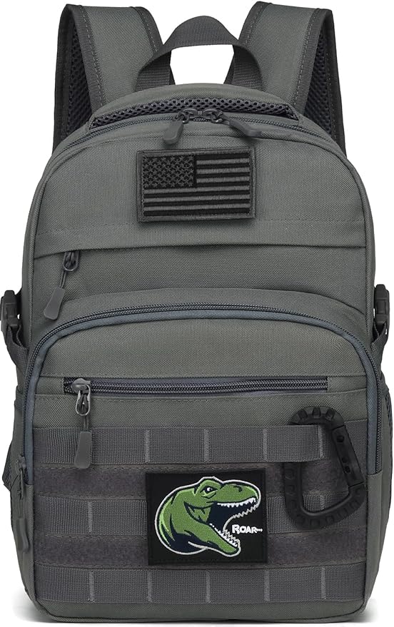 Kids Tactical Backpack Army Molle Bookbag Military Boys Backpack for School Outdoor Camping (Includes 2 Patches +1 Carabiner) Grey