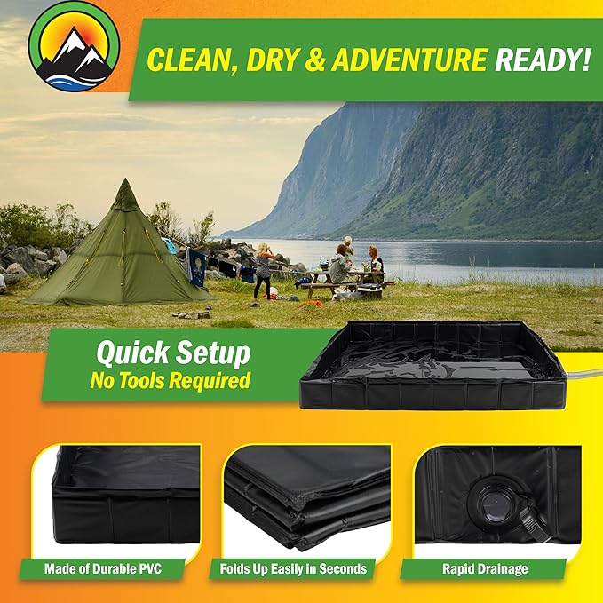 Portable Shower Pan - 39.5” x 5.25” Collapsible Foldable Indoor or Outdoor Camping Shower Base Floor with Detachable Drainpipe and Clamp for RV Bathing Pets or Camping Essentials by Wakeman Outdoors