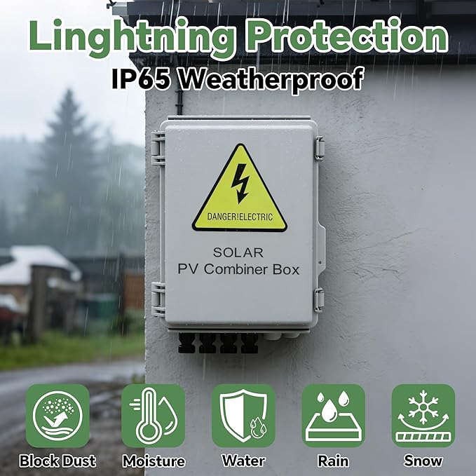 4 String Solar Combiner Box IP65 Waterproof PV Combiner Box for On/Off Grid Solar Systemwith Lightning Arrester 15A Rated Current Fuse &amp 63A Circuit Breaker(Plastic)