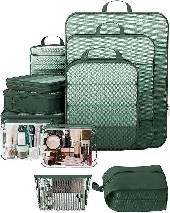 Veken 11 Set Compression Packing Cubes for Travel EssentialsCompressible Expandable Large Luggage Suitcase Organizer Bags for ClothingDurable Space Saver Storage Bags with Toiletry Bags(Dark Green)
