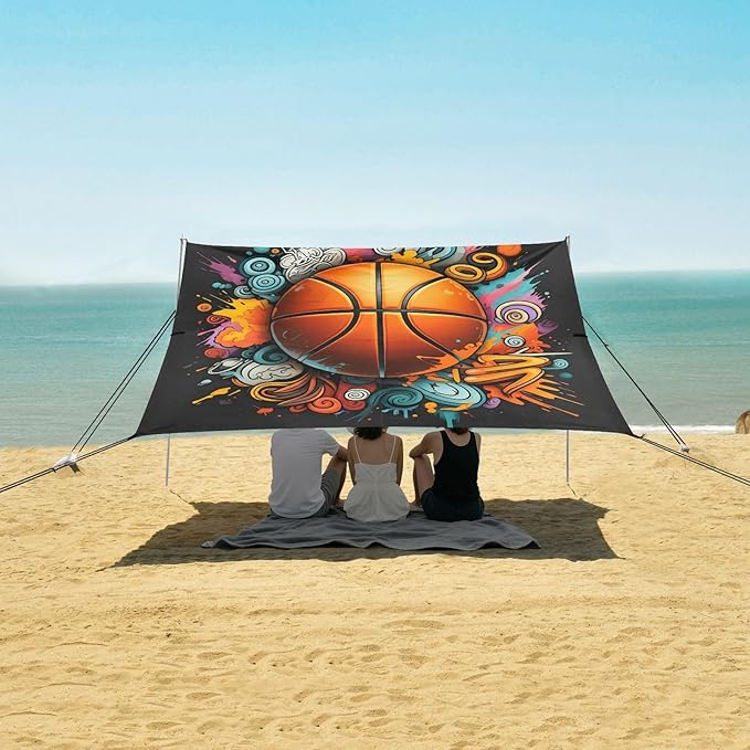 xigua Basketball Beach Tent Sun Shelter with Carrying Bag - Silver Coated Oxford Fabric Beach Canopy for Beach Camping Fishing - Includes Windproof Ropes Sandbags &amp Stakes