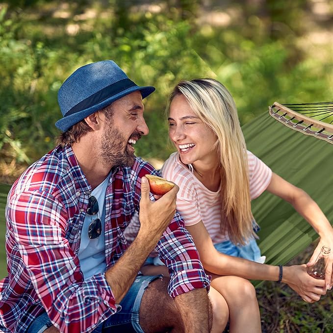 Tranquillo Double Hammock 2 Persons Cotton Canvas 600 lbs Portable Camping Hammock with Solid Curved Wood Spreader Bar Hammock for Camping Travel Indoor Patio Garden Sage