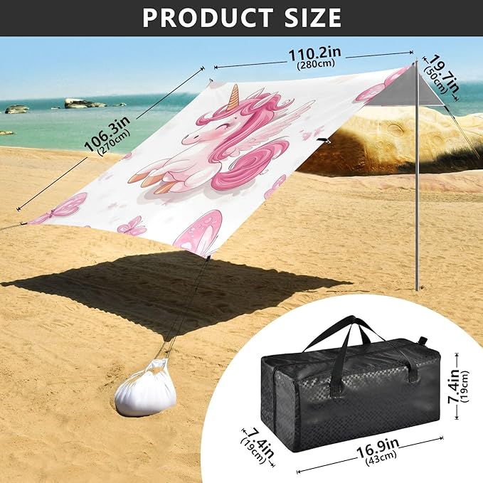 Cartoon Cute Pink Unicorns Butterfly Beach Tent &amp Canopy UPF50+ Protection Easy Setup Large Portable Sun Shelter with Sandbags &amp Sand Shovel for Camping Picnics Backyard &amp Fishing