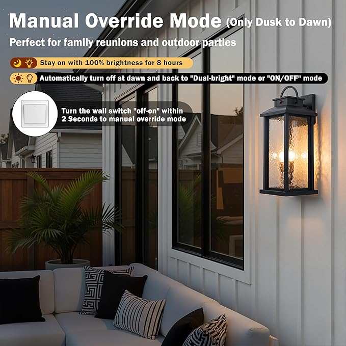 20 Inch Large Motion Sensor Outdoor Lights Matte Black Dusk to Dawn Outdoor Wall Lights with Water Glass 3 Lighting Modes Porch Lights Outdoor Light Fixture Waterproof Outdoor Lights for House