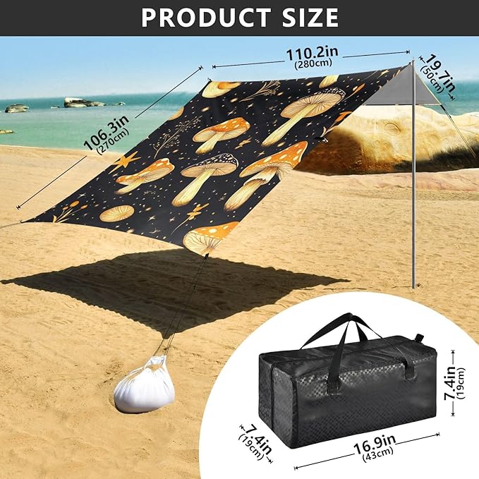 ALAZA Mushroom Star Art Beach Tent Sun Shelter Portable Canopy Sunshade for Outdoor Camping Picnics Backyard Fun 10x9 ft