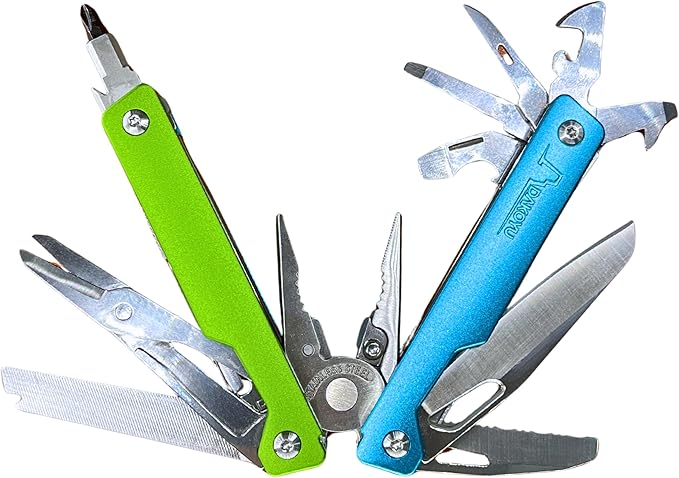 DKYoung™ Multi-Tool Aluminum Handles with Polished Stainless Steel Tools Blue/Green High-Viz Colors Pliers-Based Multitool with Carrying Sheath ¼ in. Hex Extension Camping Hiking Gift