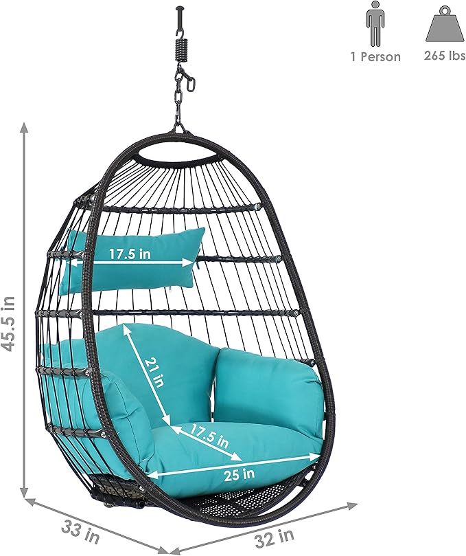 Sunnydaze Penelope Black Steel and Polyethylene Wicker Hanging Egg Chair with Turquoise Polyester Cushions - 45-Inch Tall