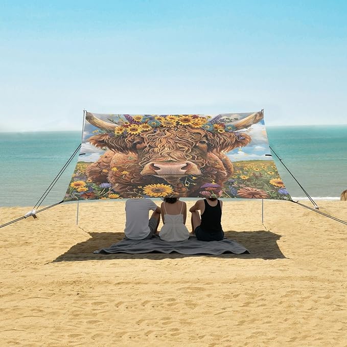 ALAZA Wreath Wearing Highland Cow Beach Tent Sun Shelter Portable Canopy Sunshade for Outdoor Camping Picnics Backyard Fun 10x9 ft
