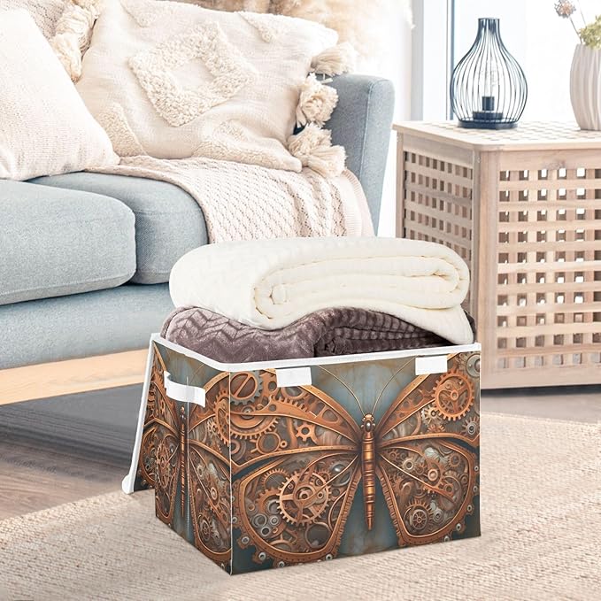 Steampunk Butterfly Storage Cube with Lid Collapsible Flip-top locker Fabric Storage Bins Basket with Handle for Home Bedroom Closet Office 16.5×12.6×11.8 in