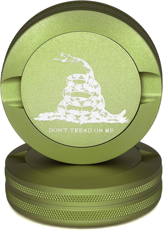 Don’t Tread on Me Metal Can | Pouch Container | Moisture &amp Odor Proof Snus Can | Accessories | Laser Engraved Gadsden Flag Design (Green)