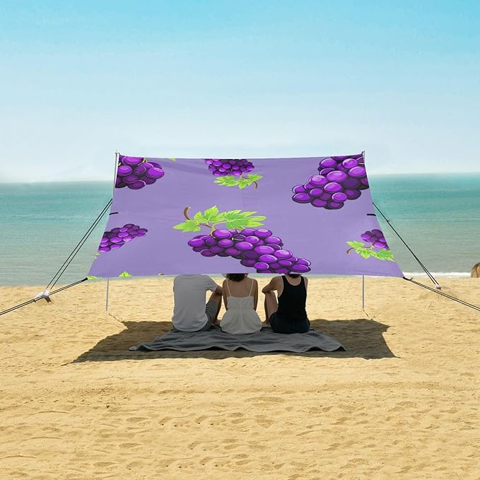 xigua Purple Grape Beach Tent Sun Shelter with Carrying Bag - Silver Coated Oxford Fabric Beach Canopy for Beach Camping Fishing - Includes Windproof Ropes Sandbags &amp Stakes