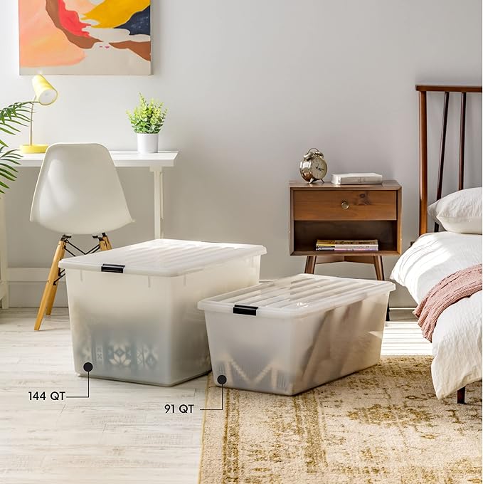 IRIS USA 144 Qt Stackable Plastic Storage Bins with Lids 3 Pack - BPA-Free Discreet Organizing Solution Latches Durable Nestable Containers Secure Pull Handle Made in USA - Pearl