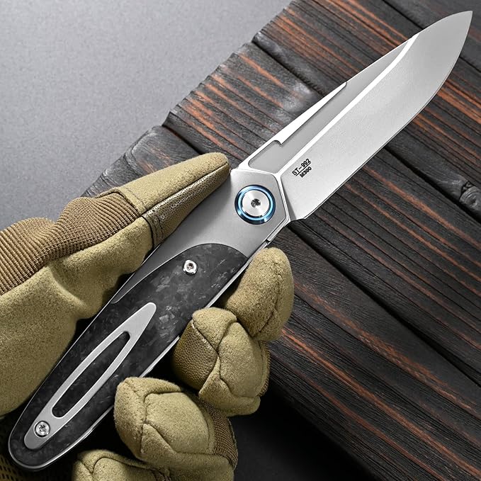 Sitivien ST992 Folding Pocket KnifeHandmade M390 Pearlescent Brushed Steel BladeTitanium Carbon Fiber Handle EDC Tool Knife for Outdoor CampingHikingSurvivalHunting(Gray)