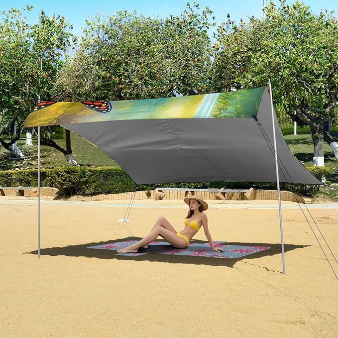 Beach Canopy with Windproof Ropes &amp Sandbags Beach Tent Sun Shade Sun Shelter for Camping Trips Fishing Backyard Fun or Picnics Flowers