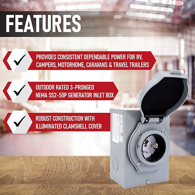 50 Amp Generator Inlet Box - NEMA SS2-50P Power – Waterproof Outlet - RV Outdoor/Indoor Weatherproof Use - 125/250V Up to 12500 Watts – 3R Plug ETL Listed