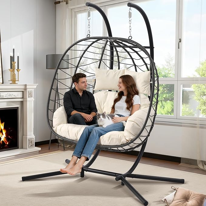 Double Egg Chair with Stand Foldable 2 Person Hanging Swing Chair with Cushion Wicker Rattan Hammock Swing Chair Indoor Outdoor Loveseat 650 LBS Capacity for Patio Bedroom Balcony Garden