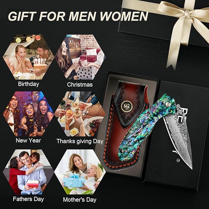Benkey Damascus Pocket Knife Sharp VG10 Core Damascus Steel Folding Knives with True Abalone Shells Handle Leather Sheath Ball Bearing Liner Lock Lightweight Damascus Knife for EDC Men Women