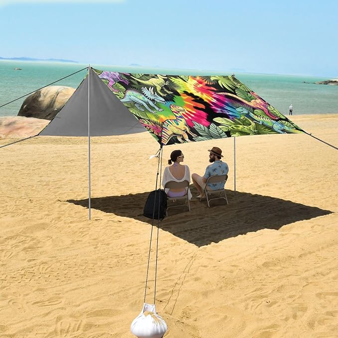Vibrant Jungle Dinosaurs Beach Tent Sun Shelter Set UPF50+ UV Protection 10.5 x 9.19 FT Camping Shade Canopy with Sandbags Sand Anchors Carrying Bag and Others