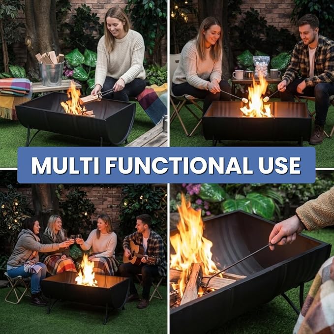 35-Inch Oval Barrel Wood Fire Pit – Steel Patio Backyard Heater with Safety Spark Screen Easy to Clean Elevated Log Grate and PVC Cover Black