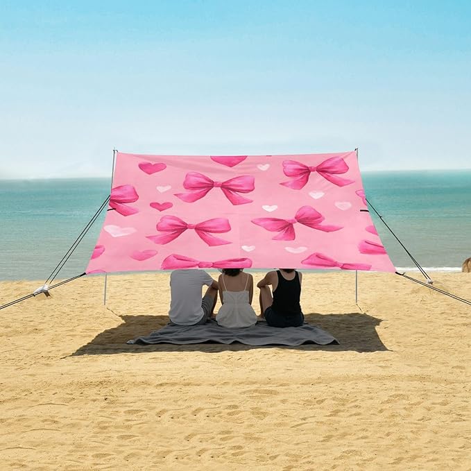 ALAZA Pink Bows Love Pattern Beach Tent Sun Shelter Portable Canopy Sunshade for Outdoor Camping Picnics Backyard Fun 10x9 ft