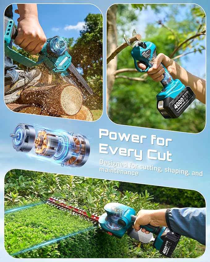 SEESII Electric Chainsaw Trimmer Pruner: 3-in-1 Cordless Chainsaw Hedge Trimmer Pruning Shears with 2× Rechargeable 4000mAh Batteries Garden Tool Kit for Tree Trimming and Branch Cutting