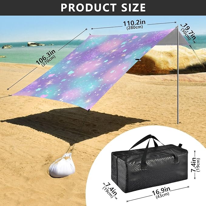 ALAZA Rrainbow Love Hearts Stars Beach Tent Sun Shelter UPF50+ Protection Beach Shade Canopy w/ 4 Sandbags for Outdoor Camping Fishing Backyard Fun Picnic 10x9 ft