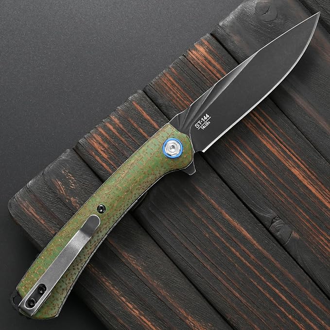 Sitivien ST144 Folding KnifeBlack Stonewashed 14C28N Steel BladeMicarta Handle Pocket Knife for Outdoor EDC CampingSurvivalHikingFishing(Green)
