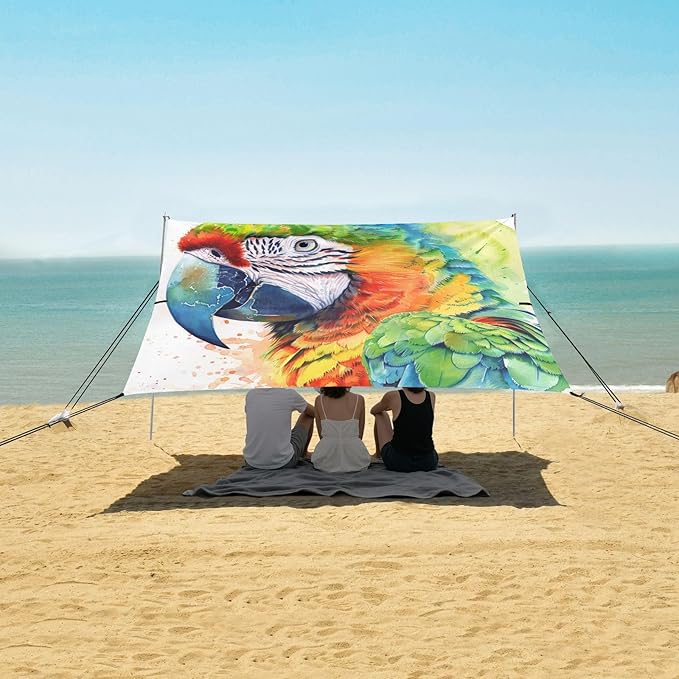ALAZA Parrot Portrait Watercolor Beach Tent Sun Shelter UPF50+ Protection Beach Shade Canopy w/ 4 Sandbags for Outdoor Camping Fishing Backyard Fun Picnic 10x9 ft