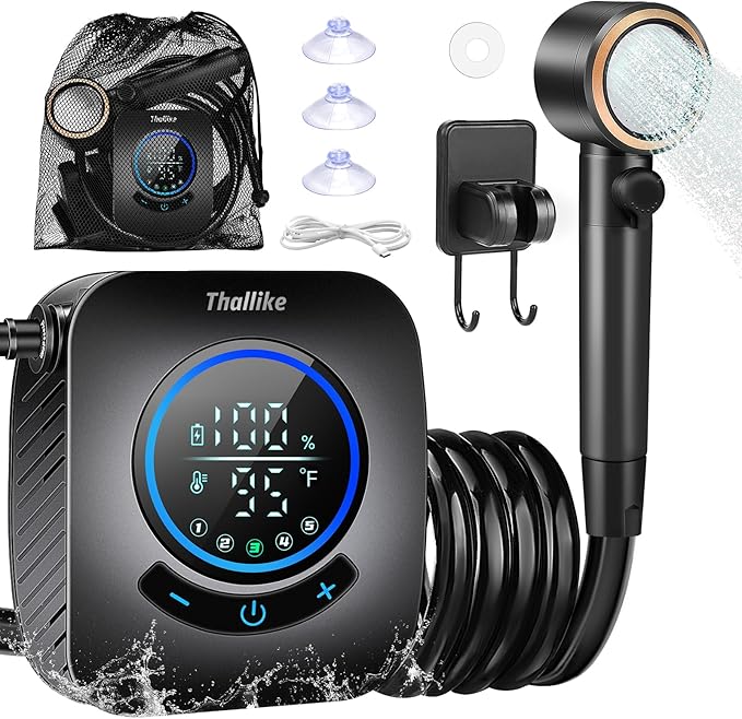 Upgraded Portable Shower 8000mAh Rechargeable Camping Shower Pump with Intelligent Display 5 Pressure Modes IPX8 Waterproof Lightweight Pocket Outdoor Shower Pump Kit for Hiking Travel Car Pet