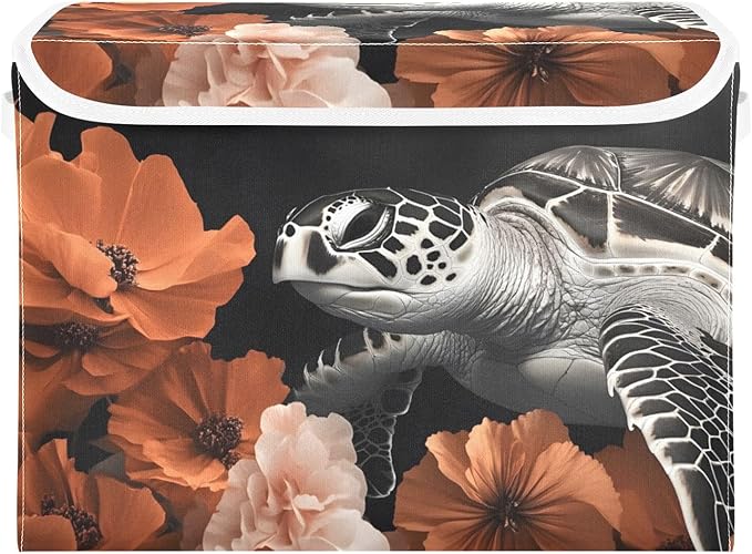 Storage Cube with Lid Sea Turtle Floral Print 16.5×12.6×11.8 IN Collapsible Large Capacity Foldable Storage Basket Bin Organizer