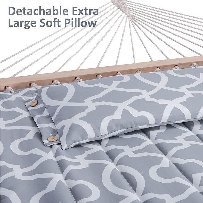 SUNCREAT 55 Inch Extra Large Double Hammock with Stand 475lbs Capacity Outdoor Portable Hammock with Hardwood Spreader Bar Extra Large Pillow Grey