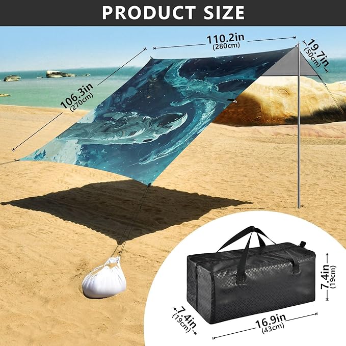 ALAZA Astronaut on Planet Beach Tent Sun Shelter UPF50+ Protection Beach Shade Canopy w/ 4 Sandbags for Outdoor Camping Fishing Backyard Fun Picnic 10x9 ft