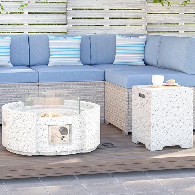 HOMPUS Round Fire Pit Table Outdoor Propane Fire Pit w Free Lava Rocks &amp Rain Cover Terrazzo Colorful Fire Table w Tank Cover &amp Wind Guard for Patio