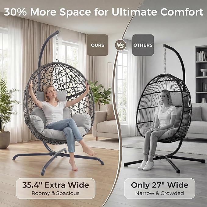 NICESOUL Egg Swing Chair Outdoor Indoor Boho Style Bird Nest Wicker Swinging Chair with Stand 350Lbs Comfy Hanging Hammock Chairs with Cushions All-Weather Egg-Shape Seat for Deck Garden Gray